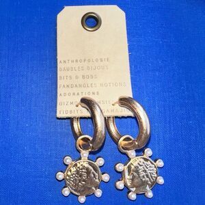 Anthropologie Gold Coin Charm Huggie Earrings